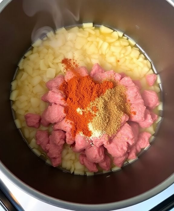 add ground beef and spices