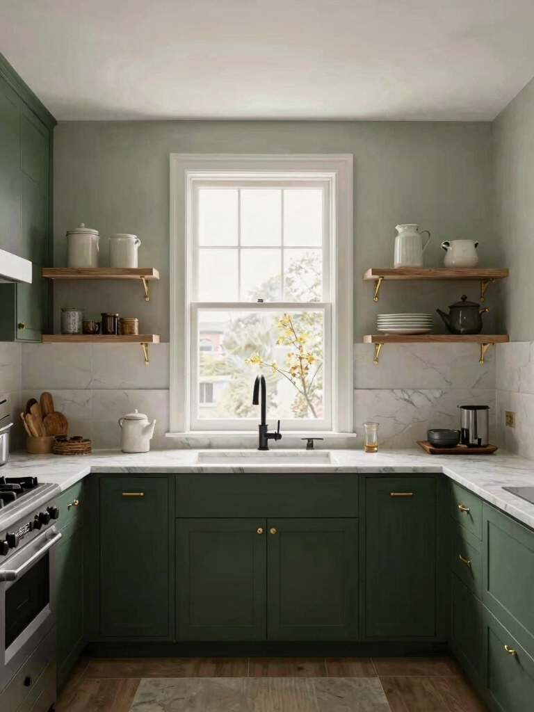 balanced two tone green kitchen