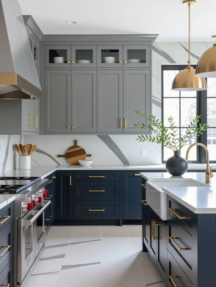 bold gray and navy cabinets