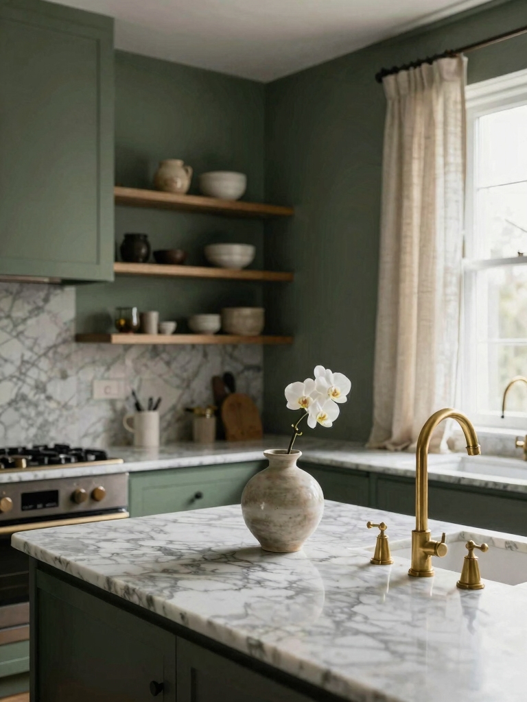 expansive moody green kitchens