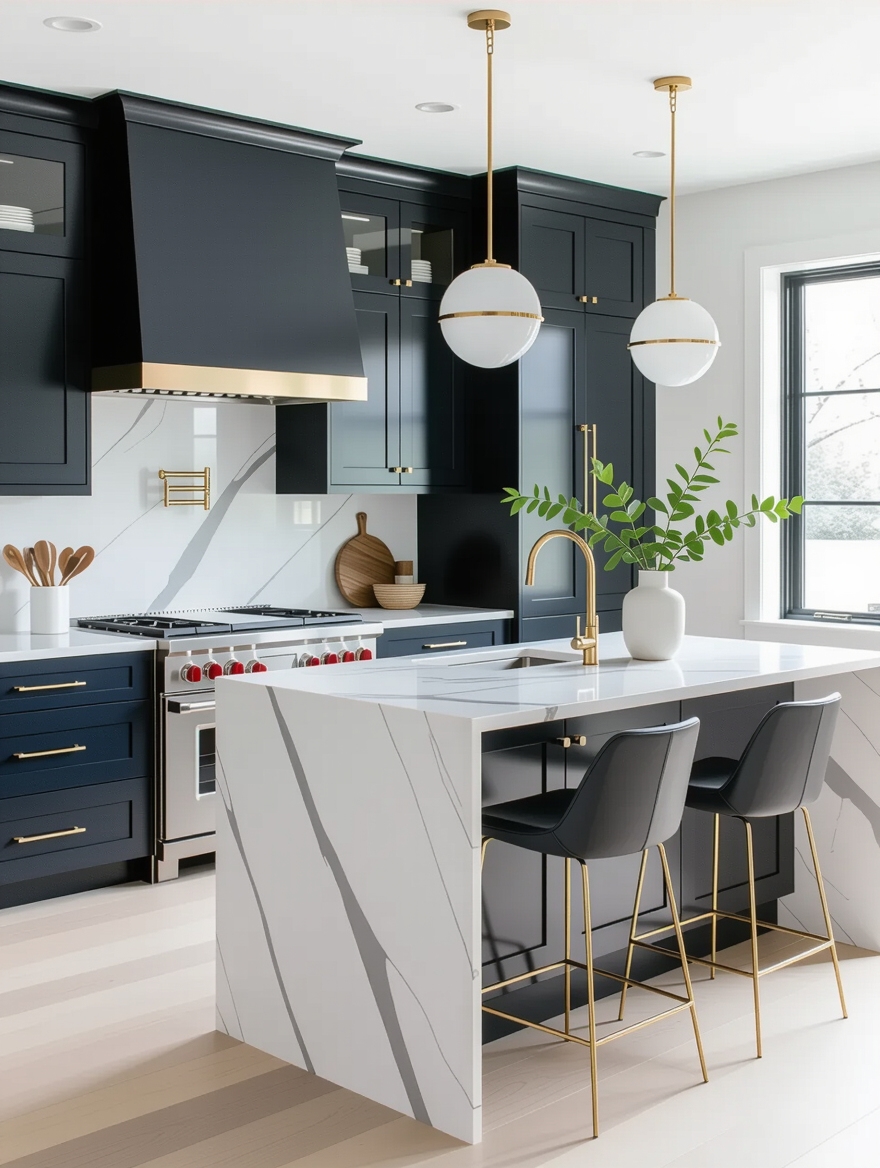 glossy cabinets stone accents