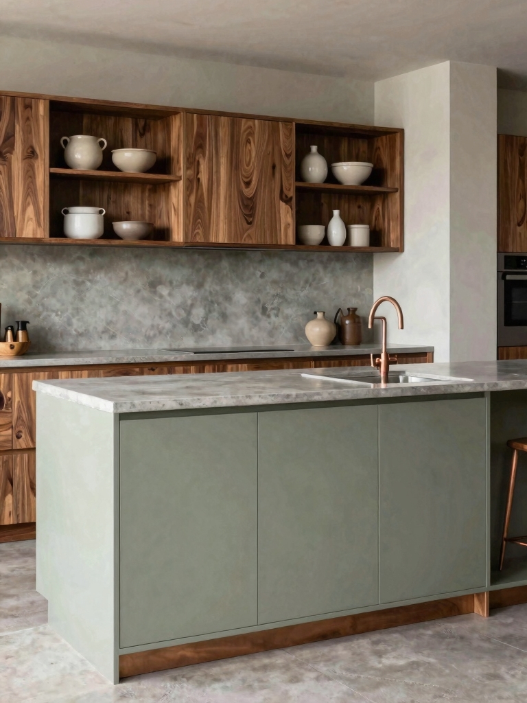 sage cabinets walnut shelves