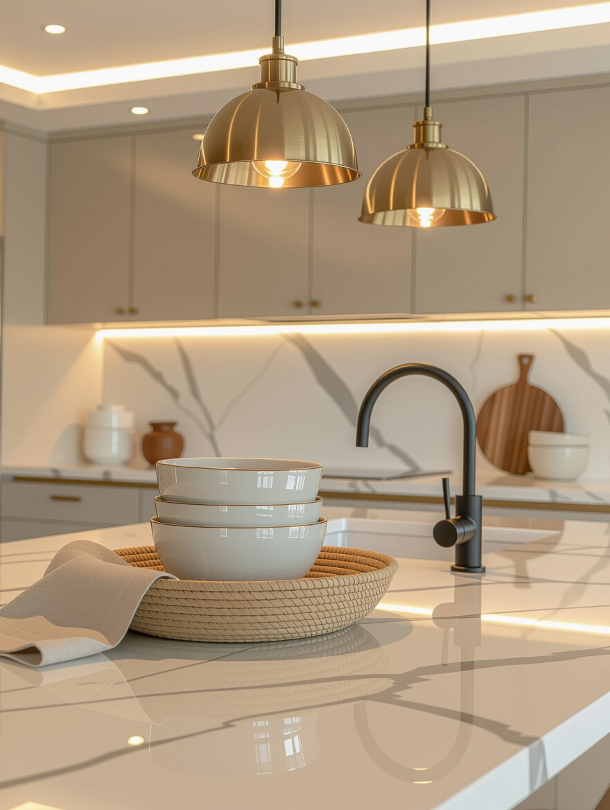 warm layered kitchen lighting